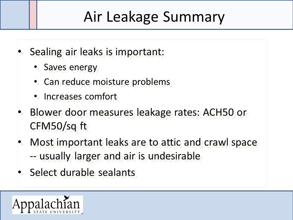 Sealing air leaks is important: Saves energy Can reduce moisture problems Increases comfort Blower door measures leakage rates: ACH50 or CFM50/sq ft Most important leaks are to attic and crawl space -- usually larger and air is undesirable Select durable sealants Sealing air leaks is important: Saves energy Can reduce moisture problems Increases comfort Blower door measures leakage rates: ACH50 or CFM50/sq ft Most important leaks are to attic and crawl space -- usually larger and air is undesirable Select durable sealants Air Leakage Summary