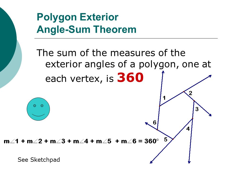 Polygon Exterior Angle-Sum Theorem The sum of the measures of the exterior angles of a polygon, one at each vertex, is 360 See Sketchpad