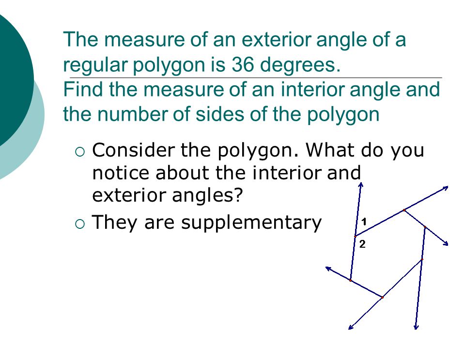  Consider the polygon. What do you notice about the interior and exterior angles.