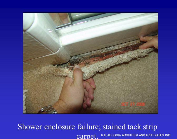 R.H. ADCOCK / ARCHITECT AND ASSOCIATES, INC. Shower enclosure failure; stained tack strip carpet.