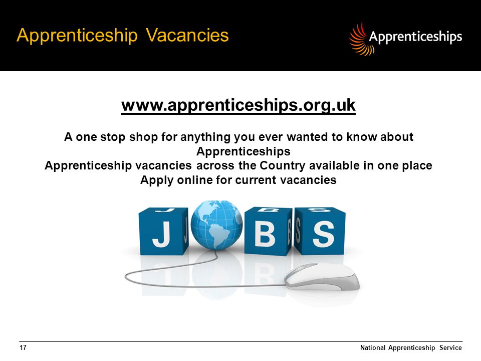17 Apprenticeship Vacancies   A one stop shop for anything you ever wanted to know about Apprenticeships Apprenticeship vacancies across the Country available in one place Apply online for current vacancies National Apprenticeship Service