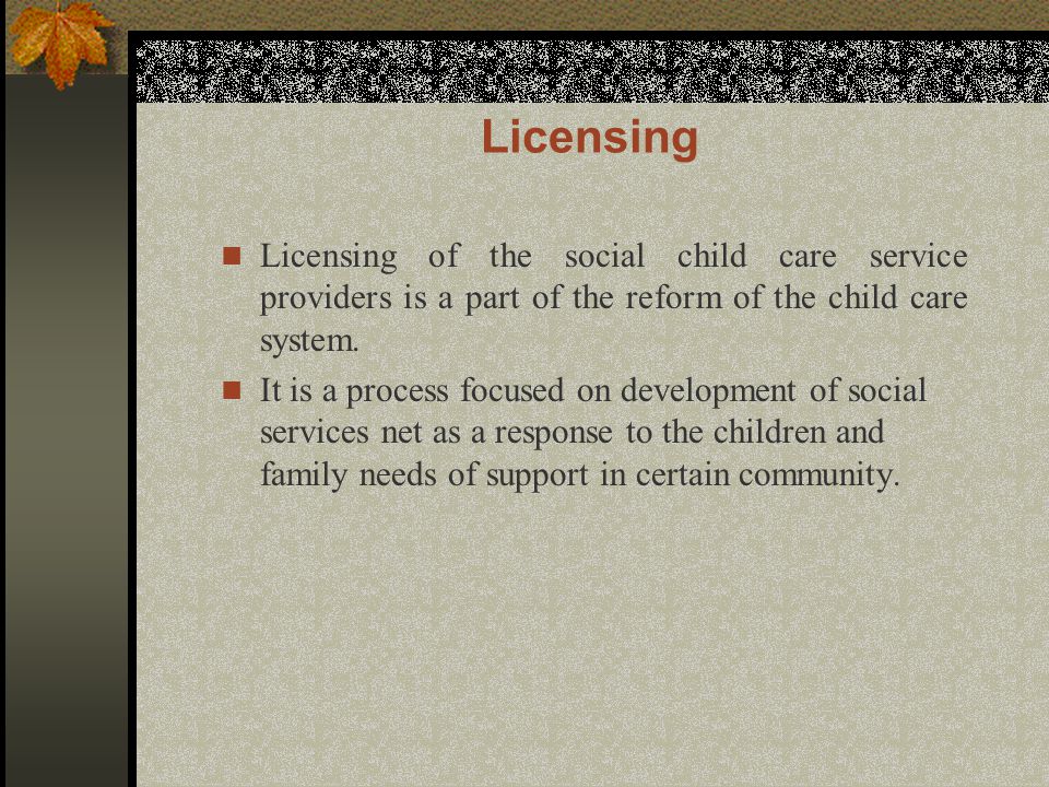 Licensing Licensing of the social child care service providers is a part of the reform of the child care system.