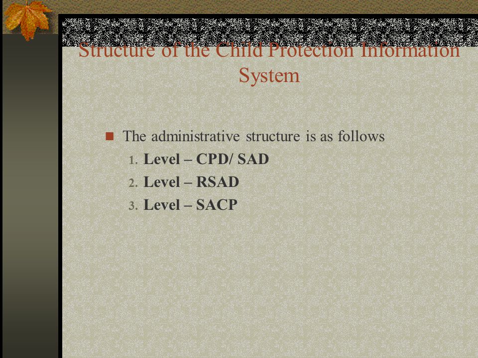 Structure of the Child Protection Information System The administrative structure is as follows 1.