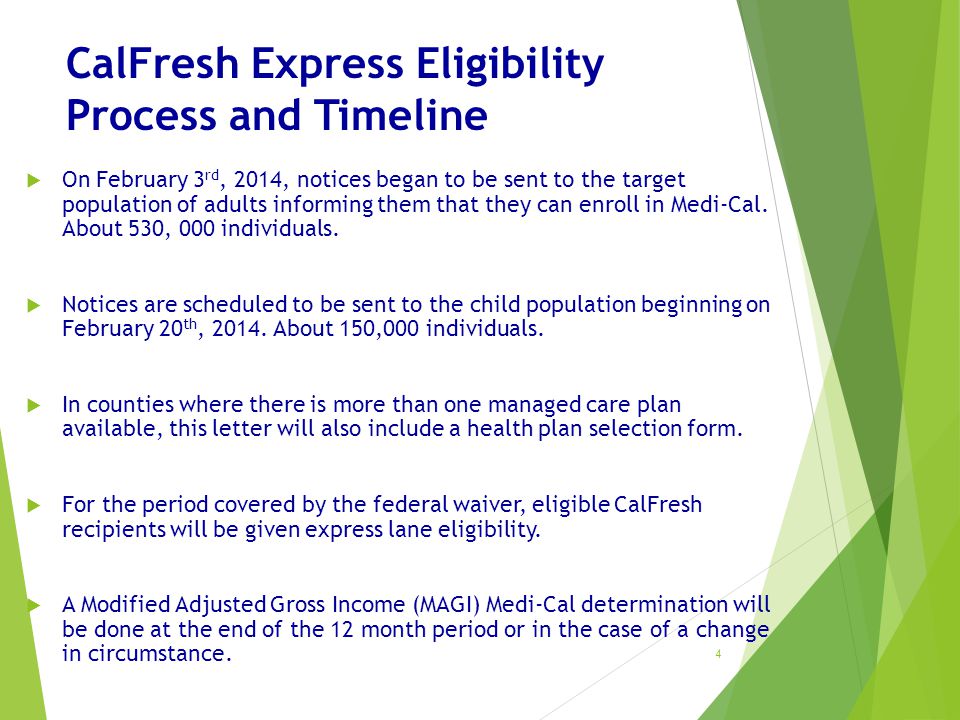 CalFresh Express Eligibility Process and Timeline  On February 3 rd, 2014, notices began to be sent to the target population of adults informing them that they can enroll in Medi-Cal.