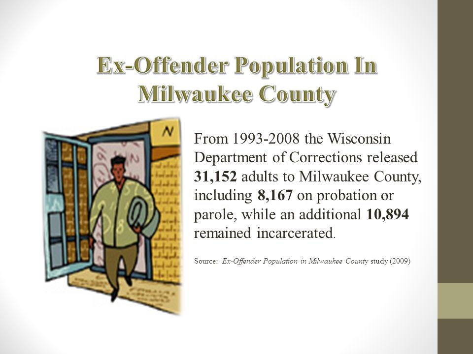 From the Wisconsin Department of Corrections released 31,152 adults to Milwaukee County, including 8,167 on probation or parole, while an additional 10,894 remained incarcerated.