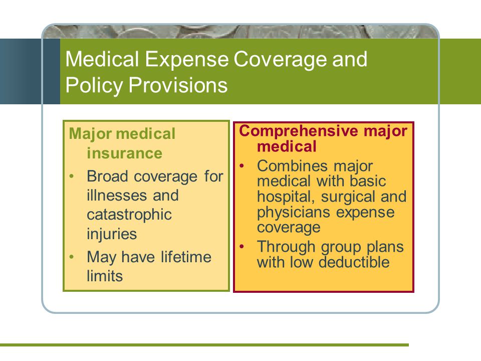 Medical Expense Coverage and Policy Provisions Major medical insurance Broad coverage for illnesses and catastrophic injuries May have lifetime limits Comprehensive major medical Combines major medical with basic hospital, surgical and physicians expense coverage Through group plans with low deductible