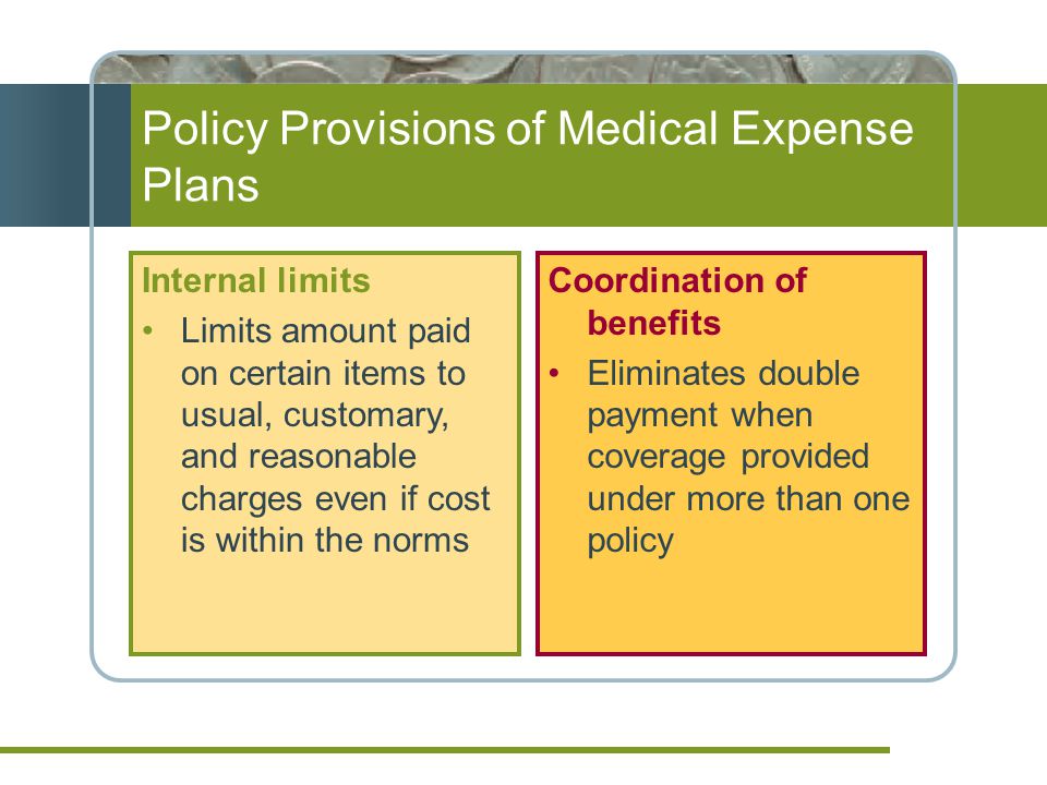 Policy Provisions of Medical Expense Plans Internal limits Limits amount paid on certain items to usual, customary, and reasonable charges even if cost is within the norms Coordination of benefits Eliminates double payment when coverage provided under more than one policy