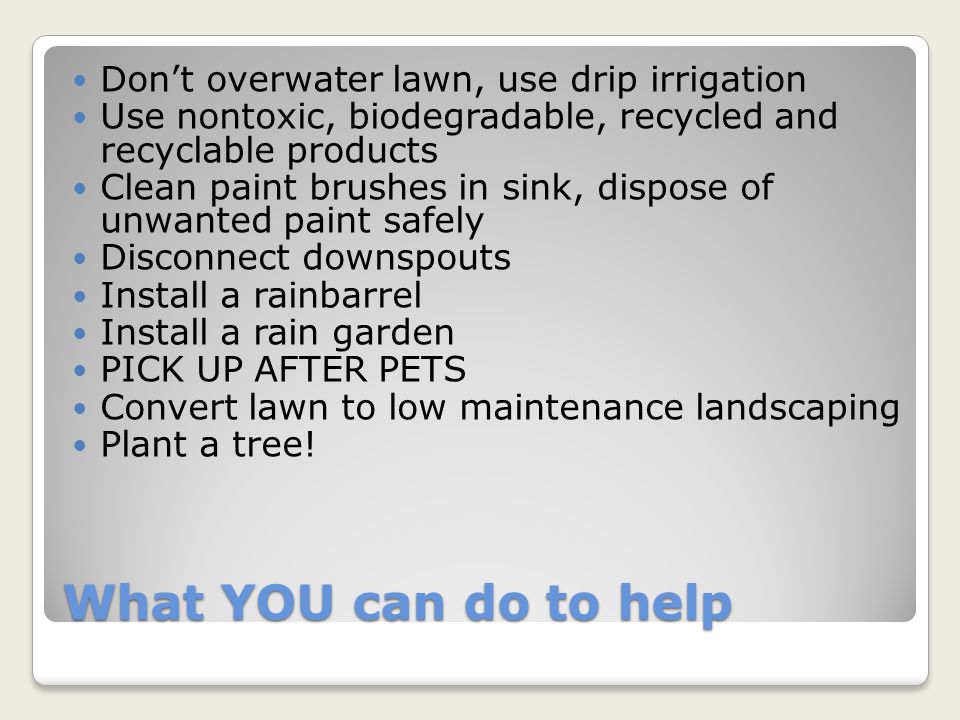 What YOU can do to help Don’t overwater lawn, use drip irrigation Use nontoxic, biodegradable, recycled and recyclable products Clean paint brushes in sink, dispose of unwanted paint safely Disconnect downspouts Install a rainbarrel Install a rain garden PICK UP AFTER PETS Convert lawn to low maintenance landscaping Plant a tree!