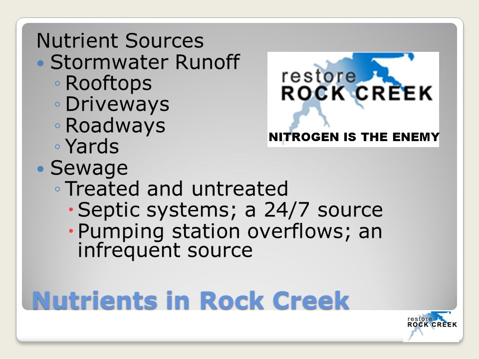 Nutrients in Rock Creek Nutrient Sources Stormwater Runoff ◦Rooftops ◦Driveways ◦Roadways ◦Yards Sewage ◦Treated and untreated  Septic systems; a 24/7 source  Pumping station overflows; an infrequent source Soluble Nitrogen Treatment plant with ENR (3mg/l) Septic System with Nitrogen Removal 10mg/l Old Septic System mg/l NITROGEN IS THE ENEMY