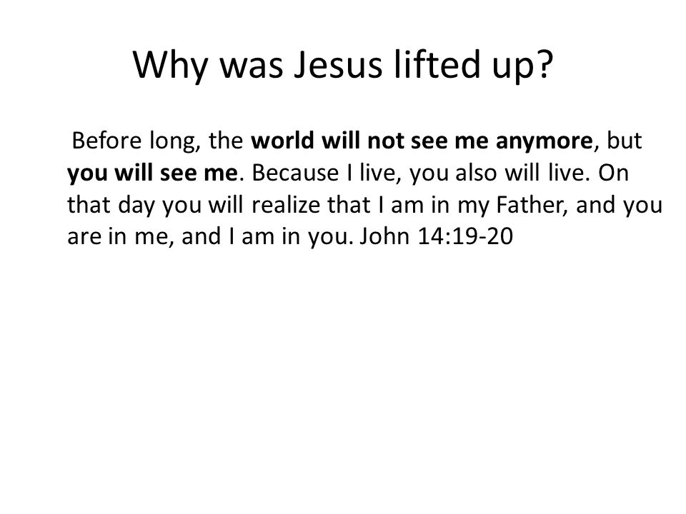 Why was Jesus lifted up. Before long, the world will not see me anymore, but you will see me.