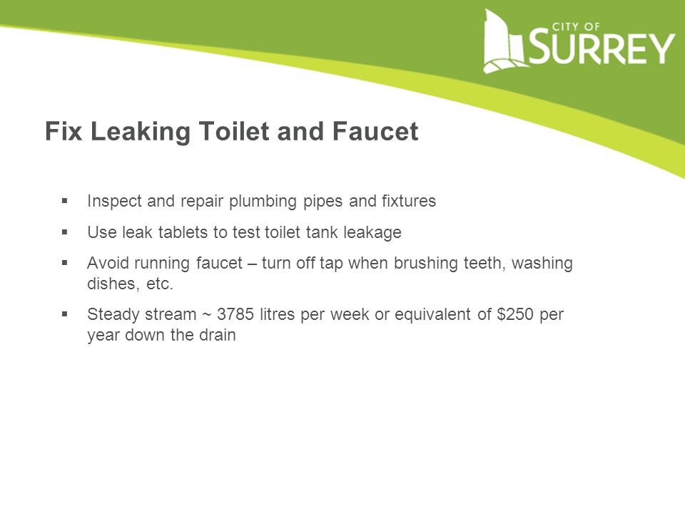 Fix Leaking Toilet and Faucet  Inspect and repair plumbing pipes and fixtures  Use leak tablets to test toilet tank leakage  Avoid running faucet – turn off tap when brushing teeth, washing dishes, etc.