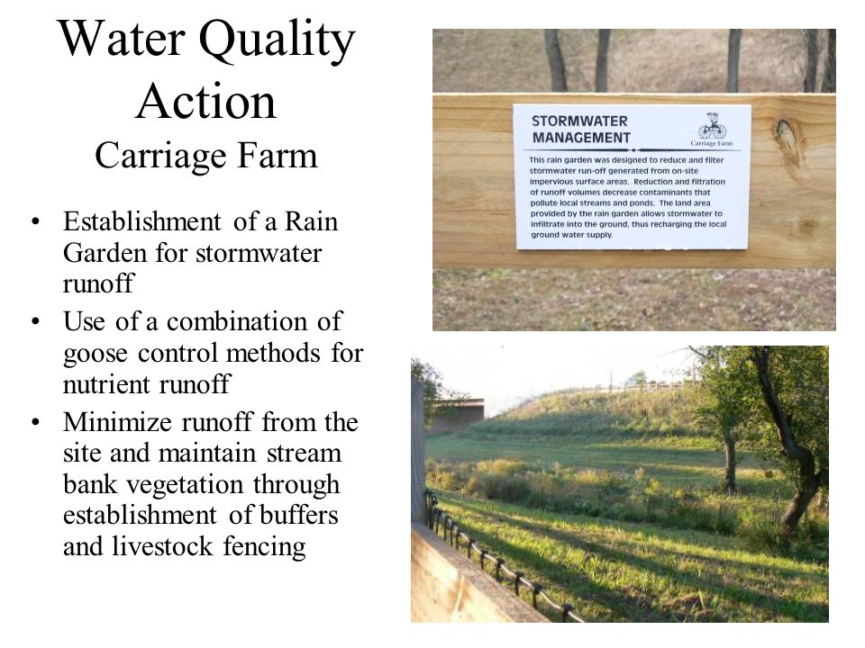 Water Quality Action Carriage Farm Establishment of a Rain Garden for stormwater runoff Use of a combination of goose control methods for nutrient runoff Minimize runoff from the site and maintain stream bank vegetation through establishment of buffers and livestock fencing