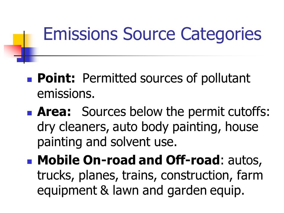 Emissions Source Categories Point: Permitted sources of pollutant emissions.