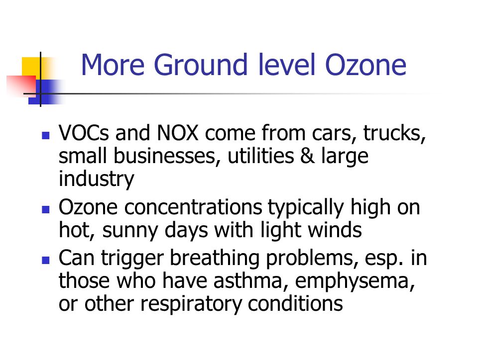 More Ground level Ozone VOCs and NOX come from cars, trucks, small businesses, utilities & large industry Ozone concentrations typically high on hot, sunny days with light winds Can trigger breathing problems, esp.