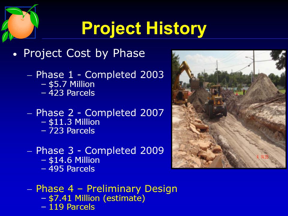 Project Cost by Phase Phase 1 - Completed 2003 – $5.7 Million – 423 Parcels Phase 2 - Completed 2007 – $11.3 Million – 723 Parcels Phase 3 - Completed 2009 – $14.6 Million – 495 Parcels Phase 4 – Preliminary Design – $7.41 Million (estimate) – 119 Parcels Project History