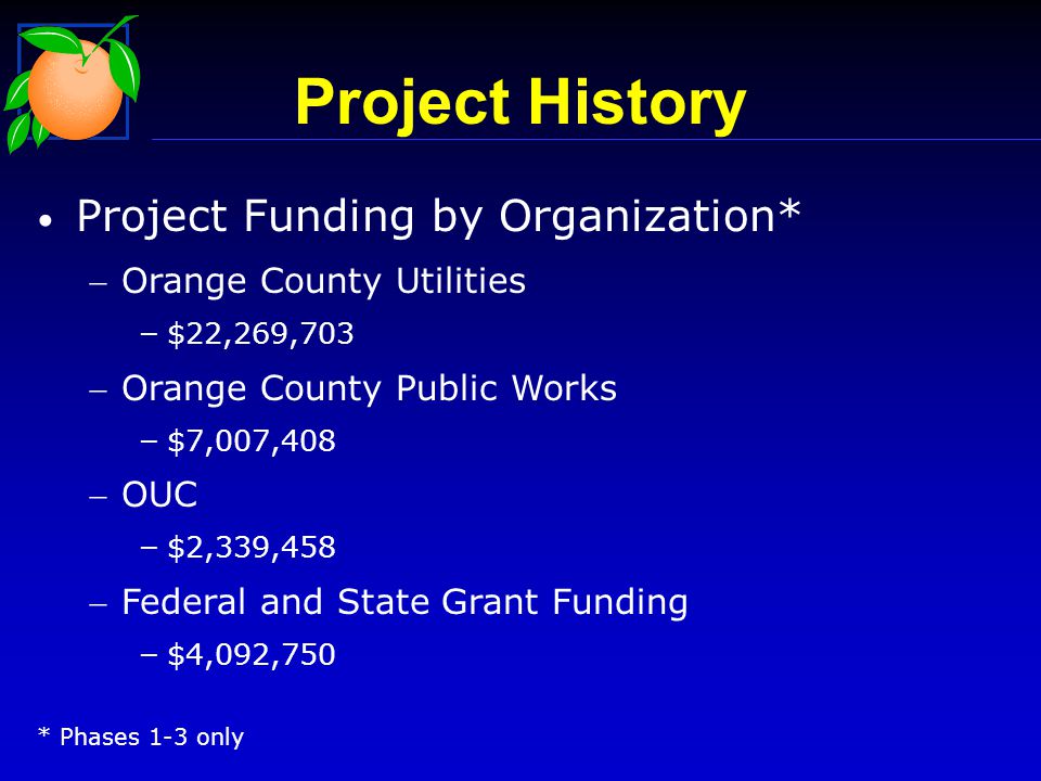 Project Funding by Organization* Orange County Utilities – $22,269,703 Orange County Public Works – $7,007,408 OUC – $2,339,458 Federal and State Grant Funding – $4,092,750 * Phases 1-3 only Project History