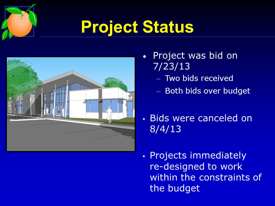 Project was bid on 7/23/13 Two bids received Both bids over budget Bids were canceled on 8/4/13 Projects immediately re-designed to work within the constraints of the budget Project Status