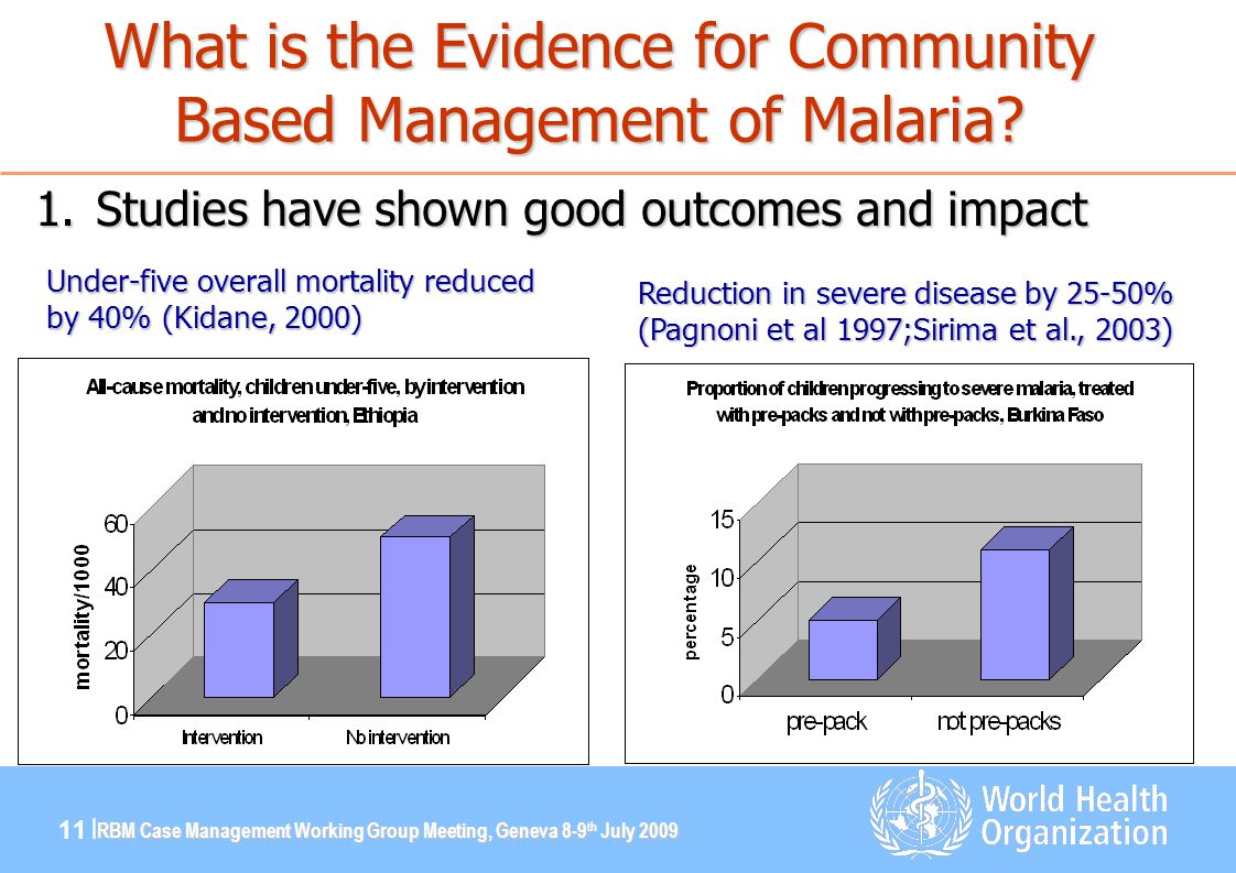 RBM Case Management Working Group Meeting, Geneva 8-9 th July | Under-five overall mortality reduced by 40% (Kidane, 2000) What is the Evidence for Community Based Management of Malaria.
