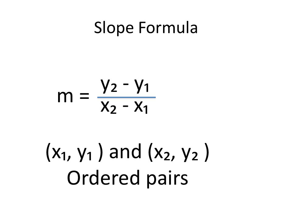Slope Formula m = y₂ - y₁ x₂ - x₁ (x₁, y₁ ) and (x₂, y₂ ) Ordered pairs