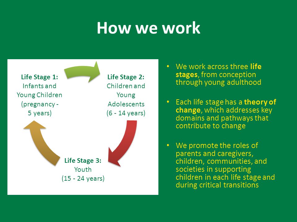 How we work We work across three life stages, from conception through young adulthood Each life stage has a theory of change, which addresses key domains and pathways that contribute to change We promote the roles of parents and caregivers, children, communities, and societies in supporting children in each life stage and during critical transitions Life Stage 2: Children and Young Adolescents ( years) Life Stage 3: Youth ( years) Life Stage 1: Infants and Young Children (pregnancy - 5 years)
