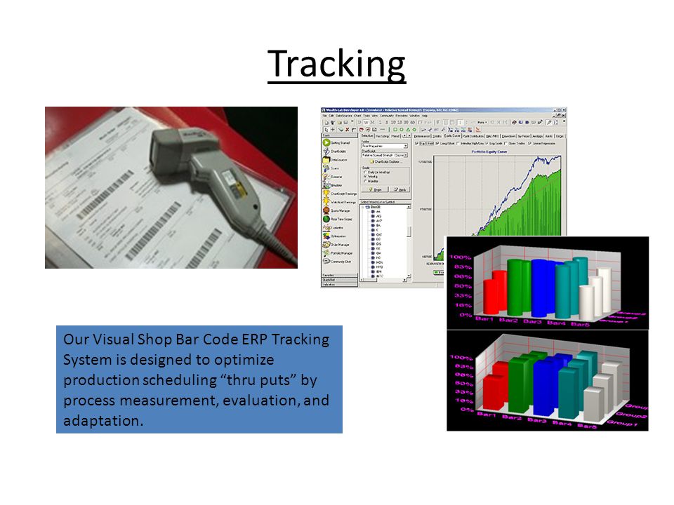 Tracking Our Visual Shop Bar Code ERP Tracking System is designed to optimize production scheduling thru puts by process measurement, evaluation, and adaptation.