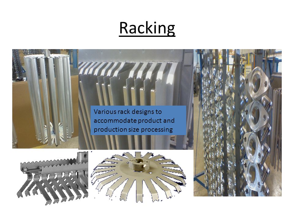 Racking Various rack designs to accommodate product and production size processing