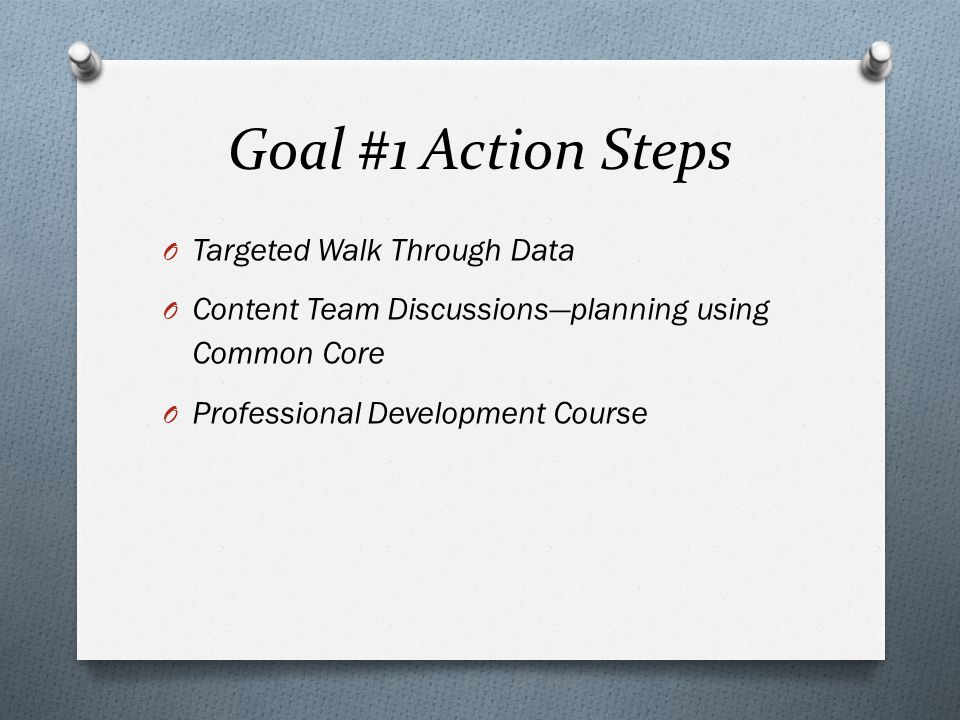Goal #1 Action Steps O Targeted Walk Through Data O Content Team Discussions—planning using Common Core O Professional Development Course