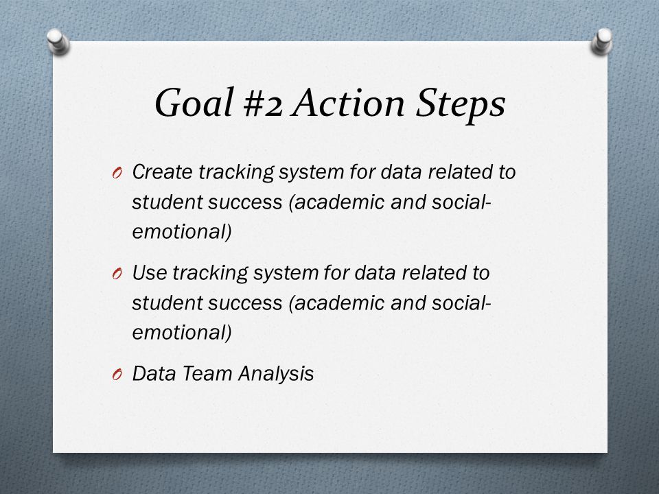Goal #2 Action Steps O Create tracking system for data related to student success (academic and social- emotional) O Use tracking system for data related to student success (academic and social- emotional) O Data Team Analysis