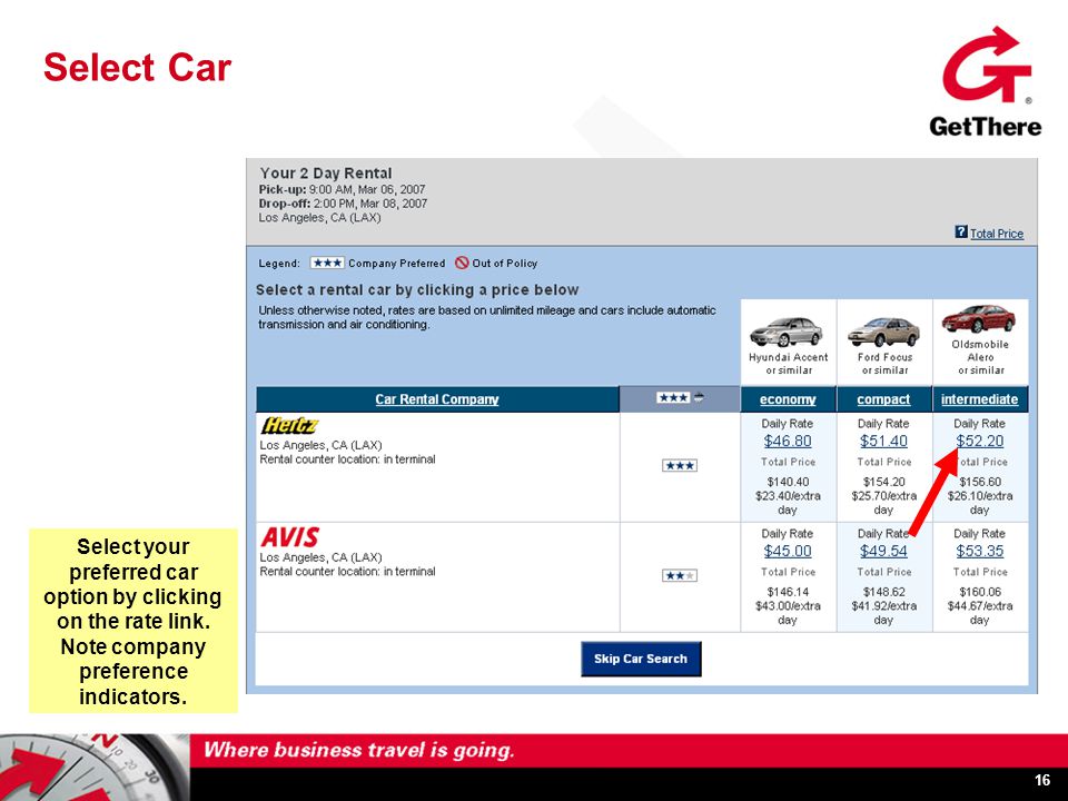 16 Select Car Select your preferred car option by clicking on the rate link.