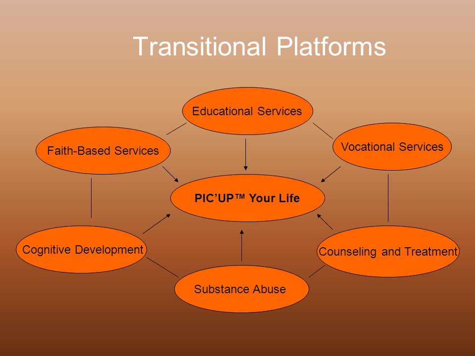 Transitional Platforms Educational Services Faith-Based Services Vocational Services Cognitive Development Counseling and Treatment Substance Abuse PIC’UP™ Your Life
