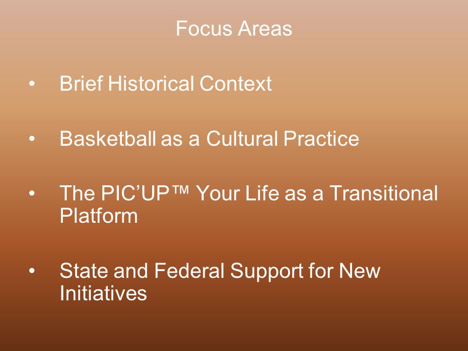 Focus Areas Brief Historical Context Basketball as a Cultural Practice The PIC’UP™ Your Life as a Transitional Platform State and Federal Support for New Initiatives