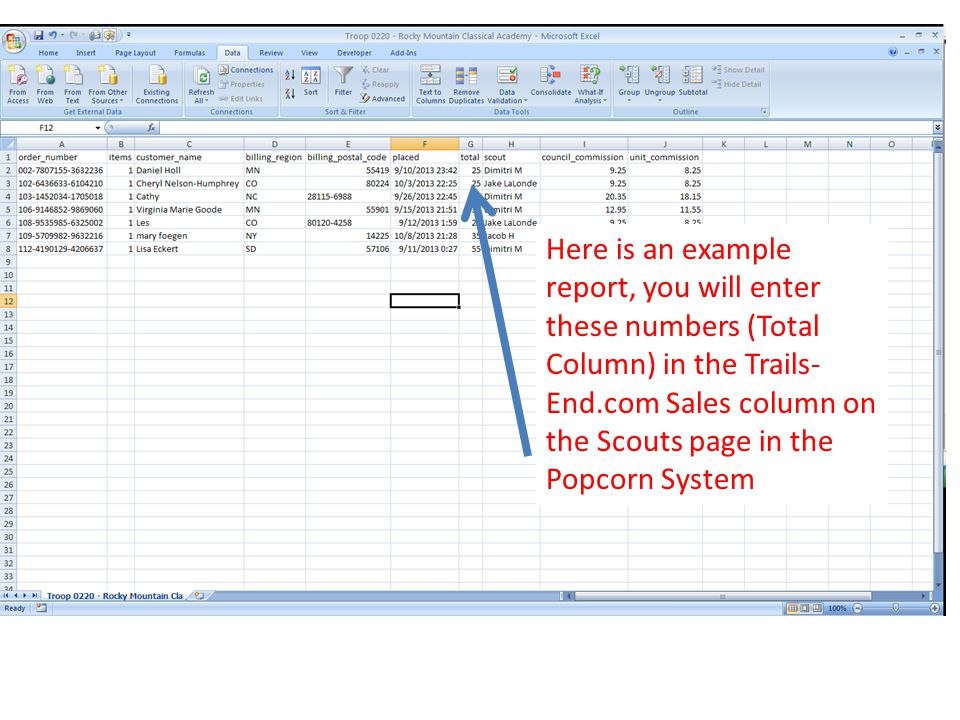 Here is an example report, you will enter these numbers (Total Column) in the Trails- End.com Sales column on the Scouts page in the Popcorn System