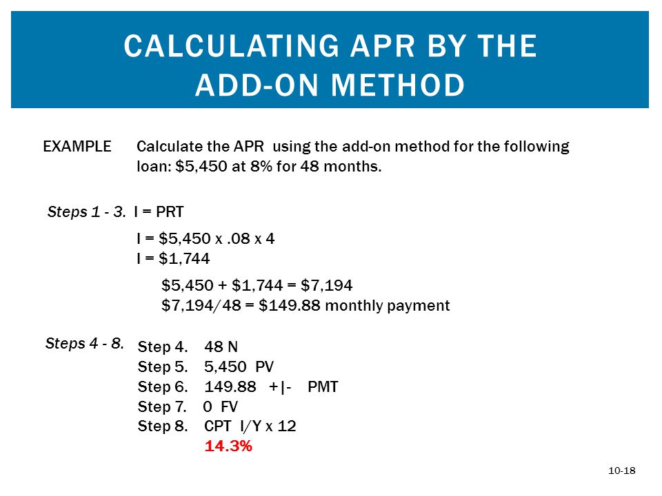 CALCULATING APR BY THE ADD-ON METHOD EXAMPLECalculate the APR using the add-on method for the following loan: $5,450 at 8% for 48 months.