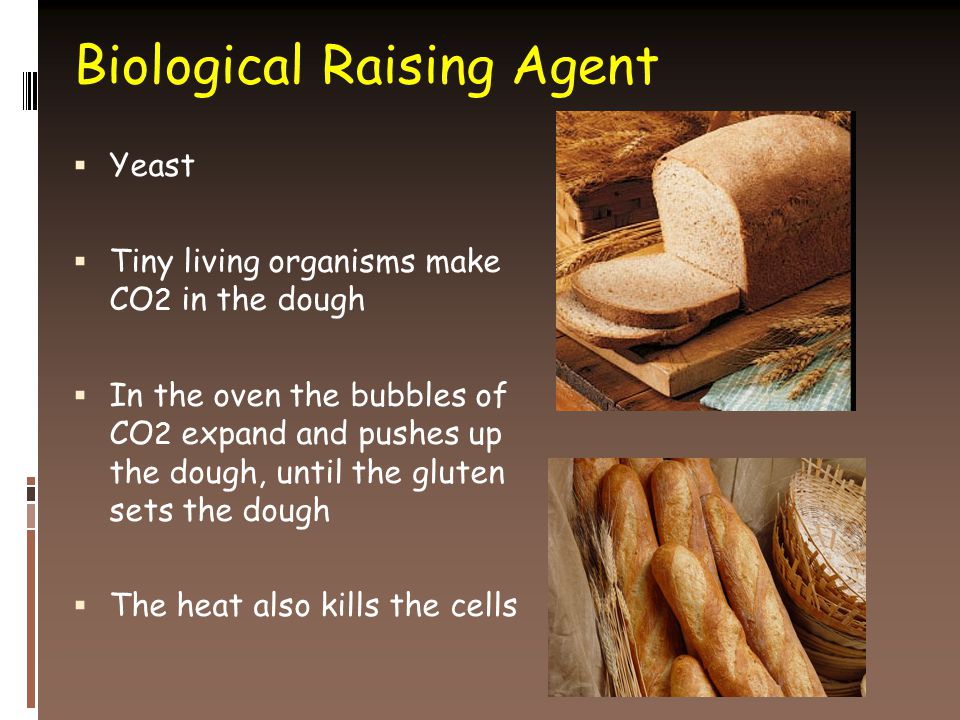 Biological Raising Agent  Yeast  Tiny living organisms make CO 2 in the dough  In the oven the bubbles of CO 2 expand and pushes up the dough, until the gluten sets the dough  The heat also kills the cells