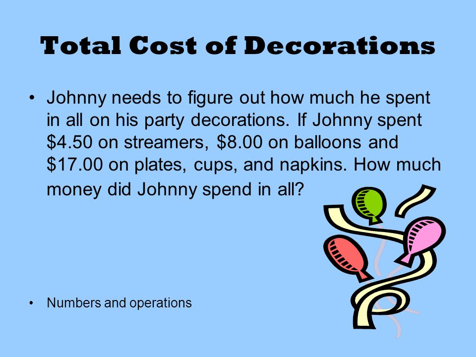 Total Cost of Decorations Johnny needs to figure out how much he spent in all on his party decorations.
