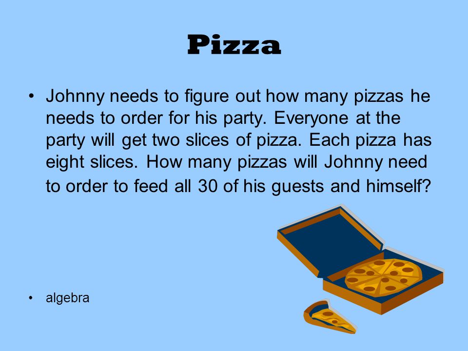 Pizza Johnny needs to figure out how many pizzas he needs to order for his party.
