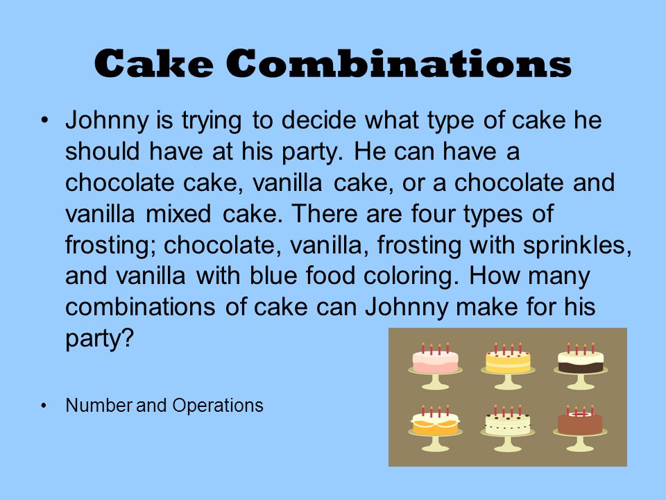 Cake Combinations Johnny is trying to decide what type of cake he should have at his party.