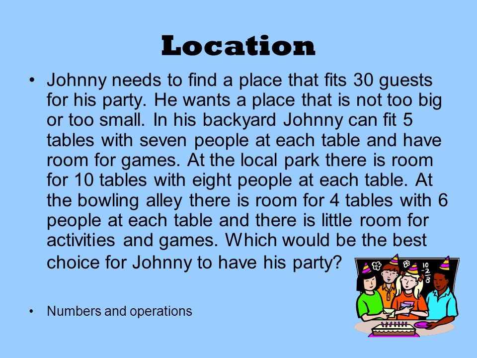 Location Johnny needs to find a place that fits 30 guests for his party.