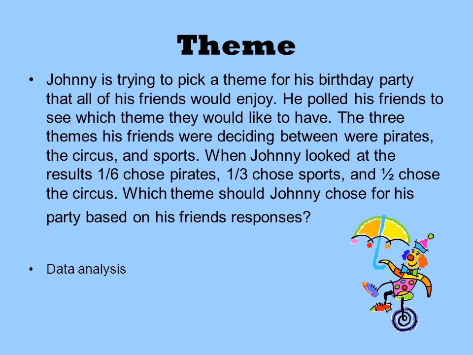 Theme Johnny is trying to pick a theme for his birthday party that all of his friends would enjoy.