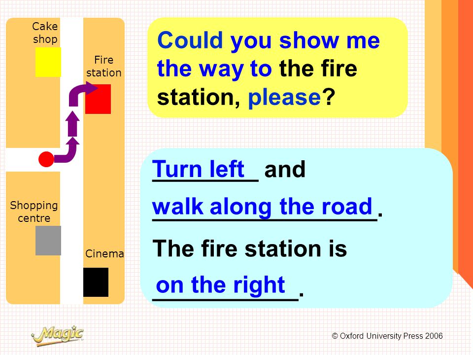 © Oxford University Press 2006 Fire station Shopping centre Cinema Cake shop Could you show me the way to the fire station, please.
