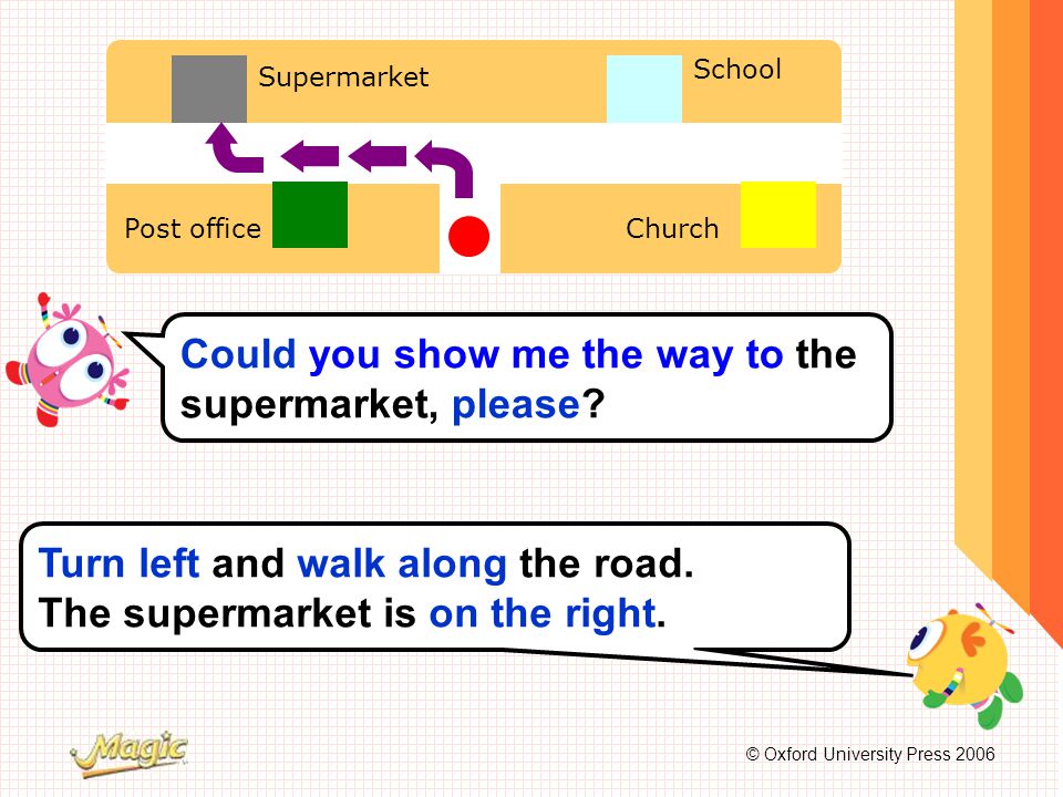 © Oxford University Press 2006 School Supermarket Post officeChurch Could you show me the way to the supermarket, please.
