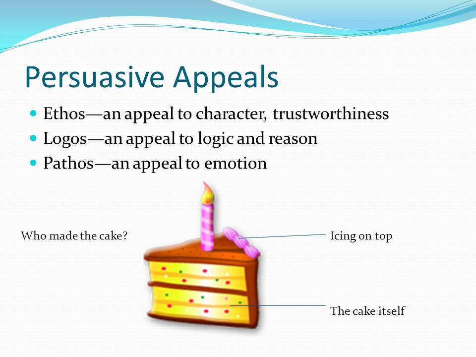 Persuasive Appeals Ethos—an appeal to character, trustworthiness Logos—an appeal to logic and reason Pathos—an appeal to emotion Who made the cake Icing on top The cake itself