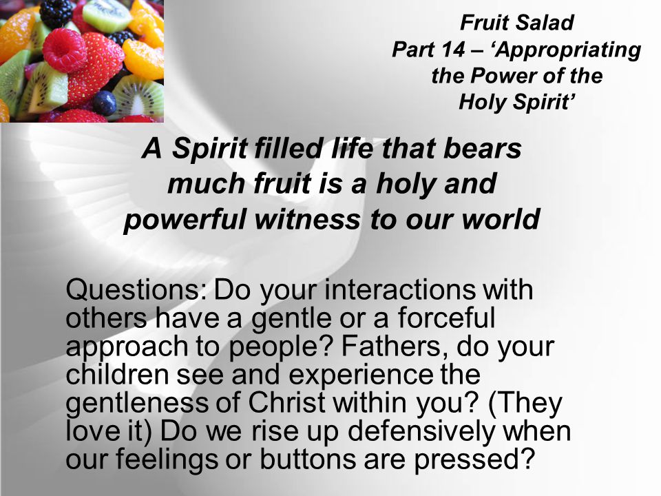 Fruit Salad Part 14 – ‘Appropriating the Power of the Holy Spirit’ A Spirit filled life that bears much fruit is a holy and powerful witness to our world Questions: Do your interactions with others have a gentle or a forceful approach to people.