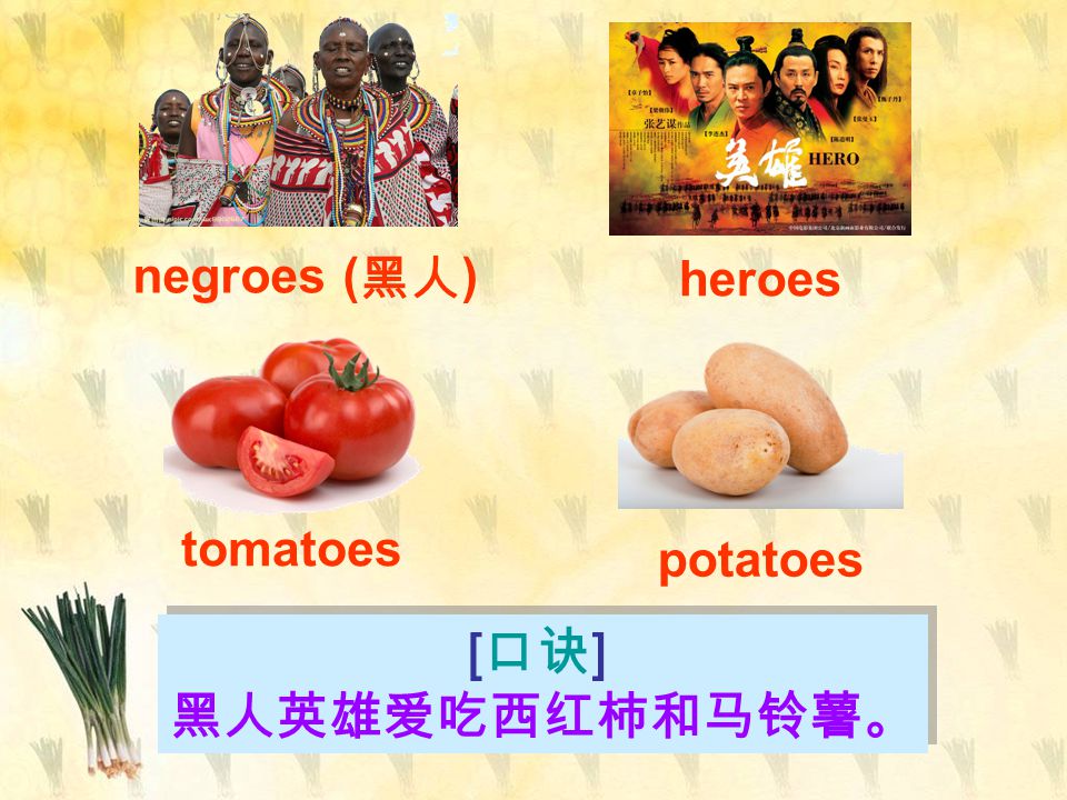 [ 口诀 ] 黑人英雄爱吃西红柿和马铃薯。 [ 口诀 ] 黑人英雄爱吃西红柿和马铃薯。 potatoes negroes ( 黑人 ) heroes tomatoes