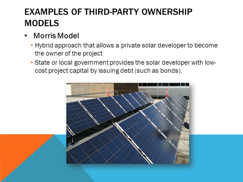 EXAMPLES OF THIRD-PARTY OWNERSHIP MODELS Morris Model Hybrid approach that allows a private solar developer to become the owner of the project State or local government provides the solar developer with low- cost project capital by issuing debt (such as bonds).