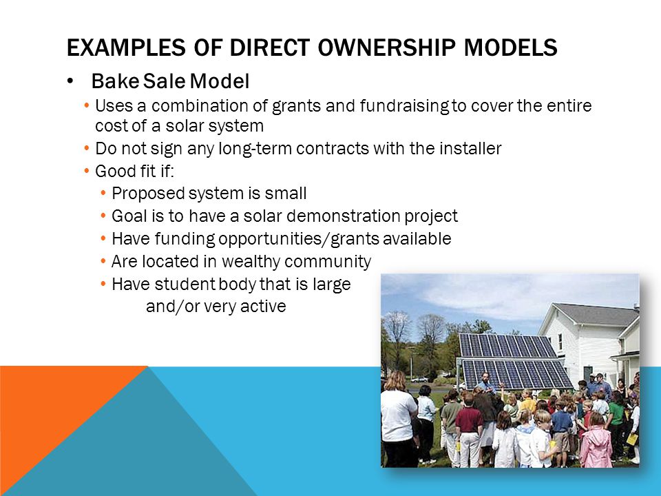 EXAMPLES OF DIRECT OWNERSHIP MODELS Bake Sale Model Uses a combination of grants and fundraising to cover the entire cost of a solar system Do not sign any long-term contracts with the installer Good fit if: Proposed system is small Goal is to have a solar demonstration project Have funding opportunities/grants available Are located in wealthy community Have student body that is large and/or very active