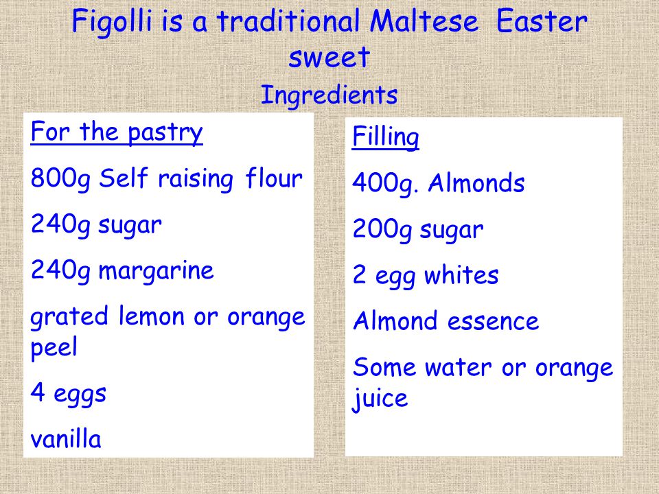 For the pastry 800g Self raising flour 240g sugar 240g margarine grated lemon or orange peel 4 eggs vanilla Filling 400g.