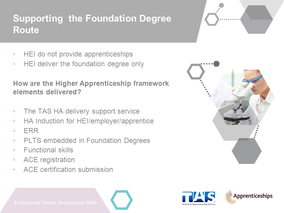 Supporting the Foundation Degree Route HEI do not provide apprenticeships HEI deliver the foundation degree only How are the Higher Apprenticeship framework elements delivered.