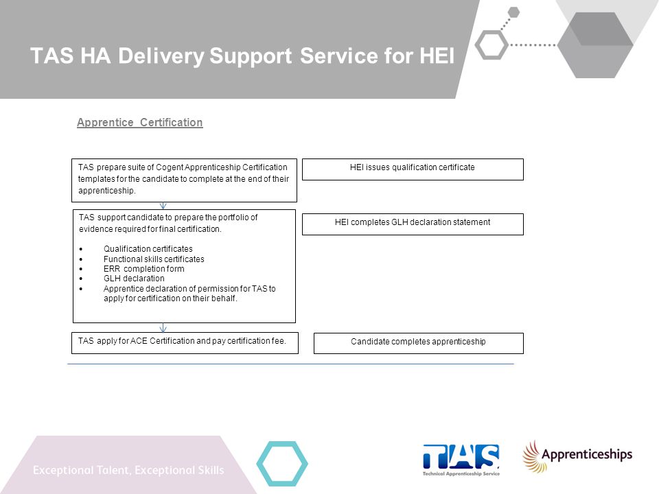 TAS HA Delivery Support Service for HEI Apprentice Certification HEI completes GLH declaration statement TAS apply for ACE Certification and pay certification fee.