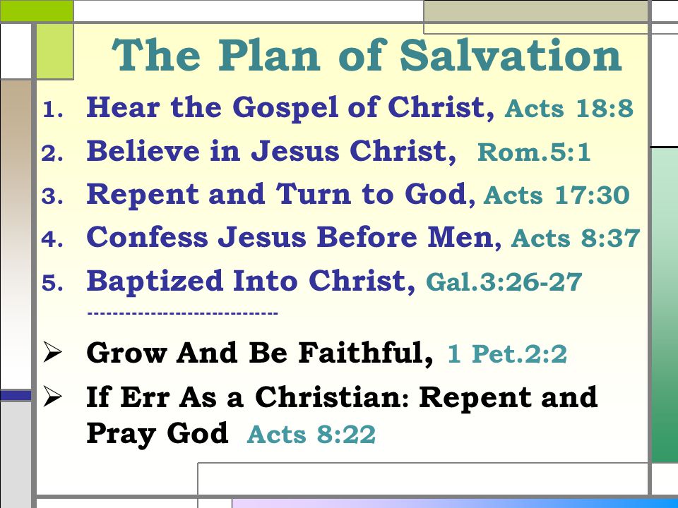 The Plan of Salvation 1. Hear the Gospel of Christ, Acts 18:8 2.
